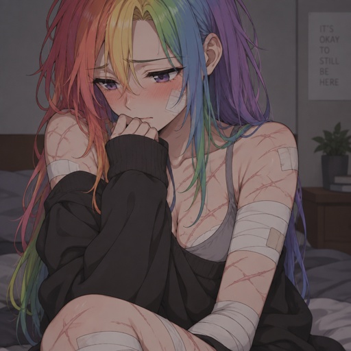 Human woman, insecure, beautiful, shy, rainbow hair, heavily scarred and bandaged