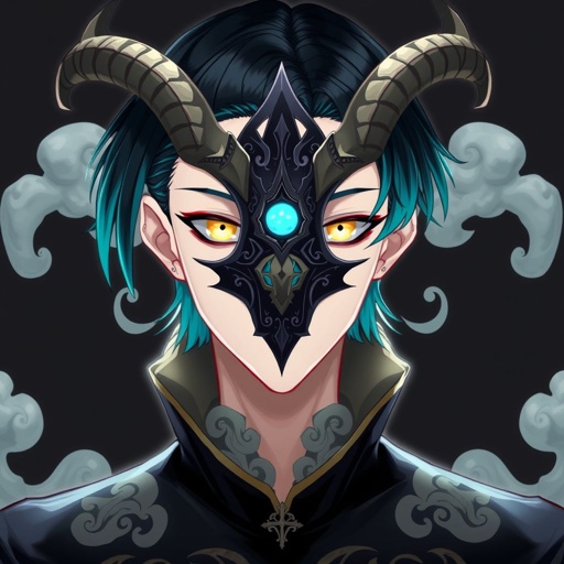 A pale young man with black hair and teal-coloured highlights with golden eyes. Wears a dark, close-fitting outfit adorned with cloud patterns, and a mask inspired by exorcism rituals, featuring horns and a centre eye. His design incorporates elements of antiquity and ethereality, balancing practicality with a sense of otherworldliness.