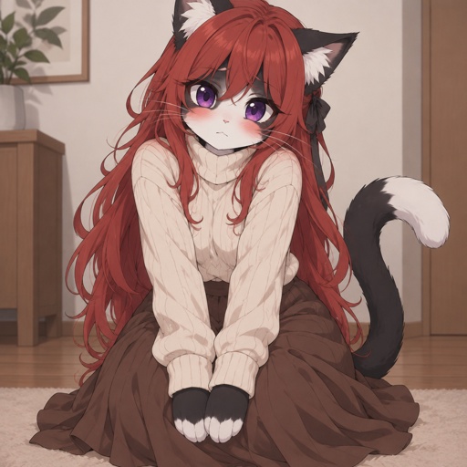 Tuxedo cat furry, cream sweater, long brown skirt, ample curves, long red hair, purple eyes, very attractive, shy,blushing