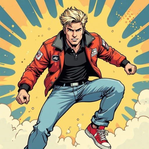 man with Dirty Blonde Unkempt Hair.  Astronaut Flight Jacket Black And White Polo and Light blue denim jeans with red sneakers