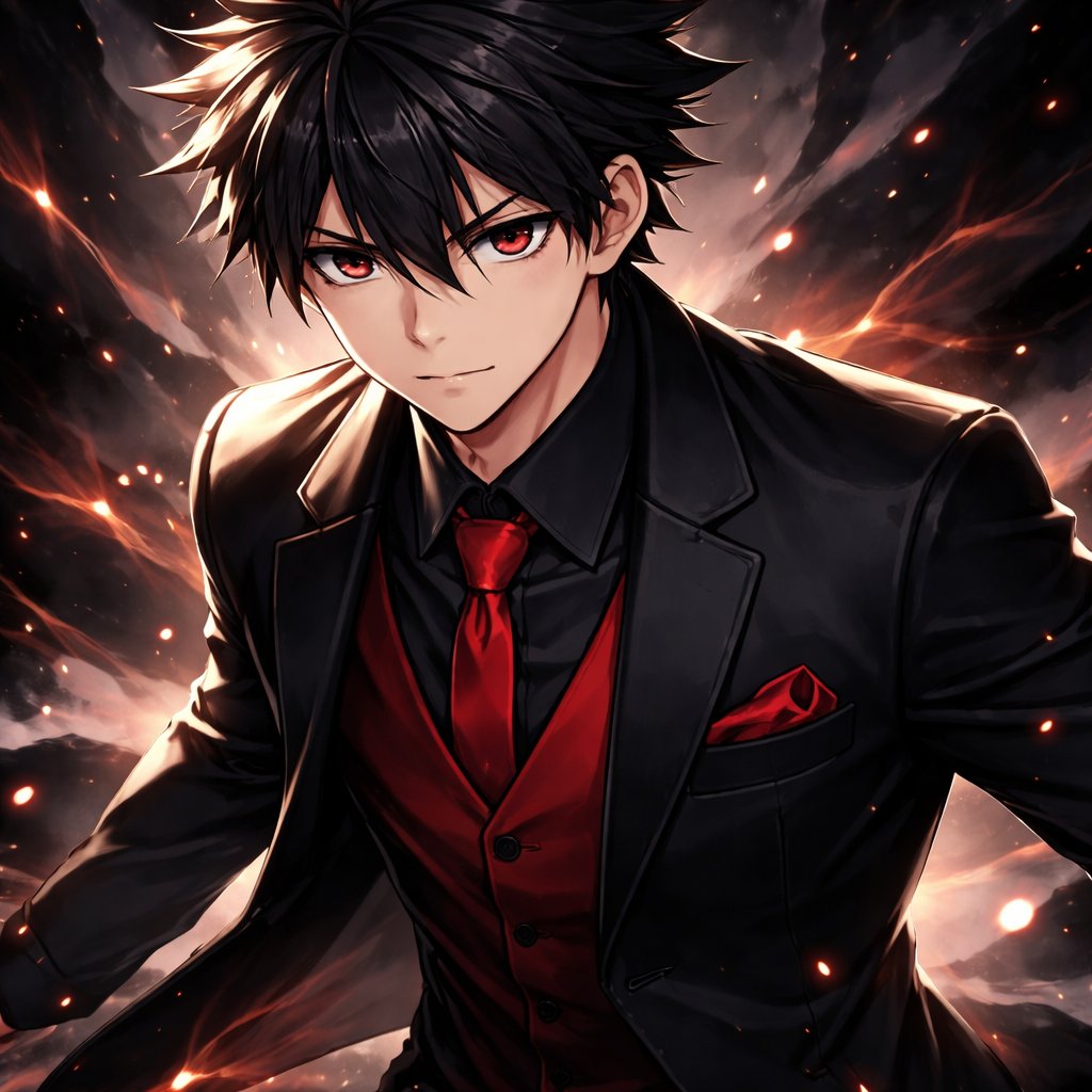 Guy with short black spiky hair in a black and red suit anime