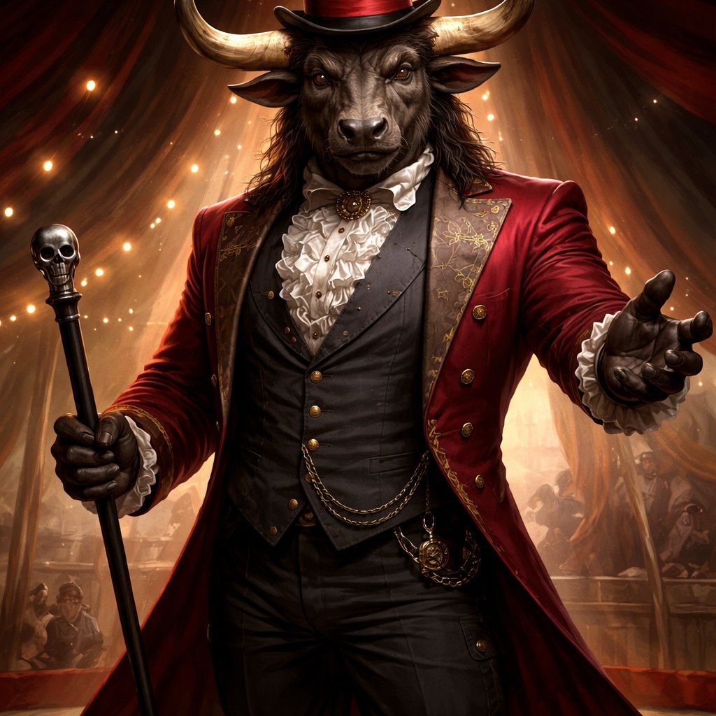 A captivating grey-brown male Minotaur that’s 6 1/2 feet tall with well~proportioned figure/body with deep set cattle like brown eyes, large powerful gleaming horns like his fathers, a long tail. He works at freak show as the ringmaster and his abilities are Reality Rejection, Time Manipulation (Chronokineses), Zoolingualism (Language of Cattle only), Human Speech. His outfit consists of a crimson tailcoat, frilly shirt, stunning grey blazer, black pants and top hat. His face surely looks like a cross between a human and a Cretan Cattle. His mother is a human with half-animal (Cretan Cattle) physiology and his father is a Cretan Bull.