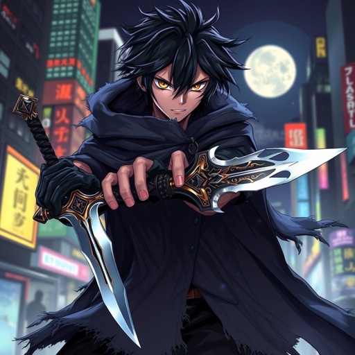 Dagger wielding male rogue in a tattered cloak
