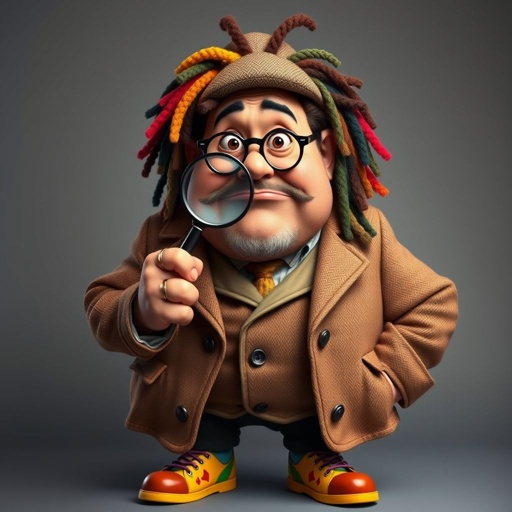 Create a funny fat character similar to Sherlock Holmes, but make him of black decent and with dread locks. Show his whole outfit including his shoes.