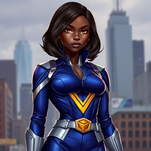 African American female superhero with hair in a shoulder length side part hairstyle with pure Gold Glowing eyes wearing slightly armored royal blue and silver accented suit with royal blue pants and silver knee length boots with a utility belt with a gold V as her chest emblem in Philadelphia