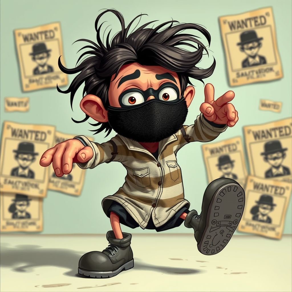 Create a funny looking clumsy thief with funny shoes on. Make him have on the bandit black thing around his eyes. And wanted for stealing sandwiches