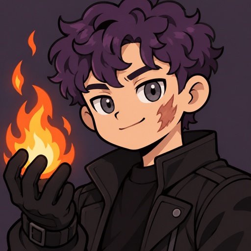 Male, short curly purple hair, burn scar on right cheek, grey eyes, black jacket, gloves, round face, holding fire