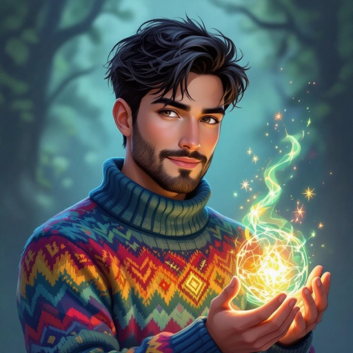 Mężczyzna o krótkich, czarnych włosach, zadbanej brodzie i wąsie w kolorowych sweterku