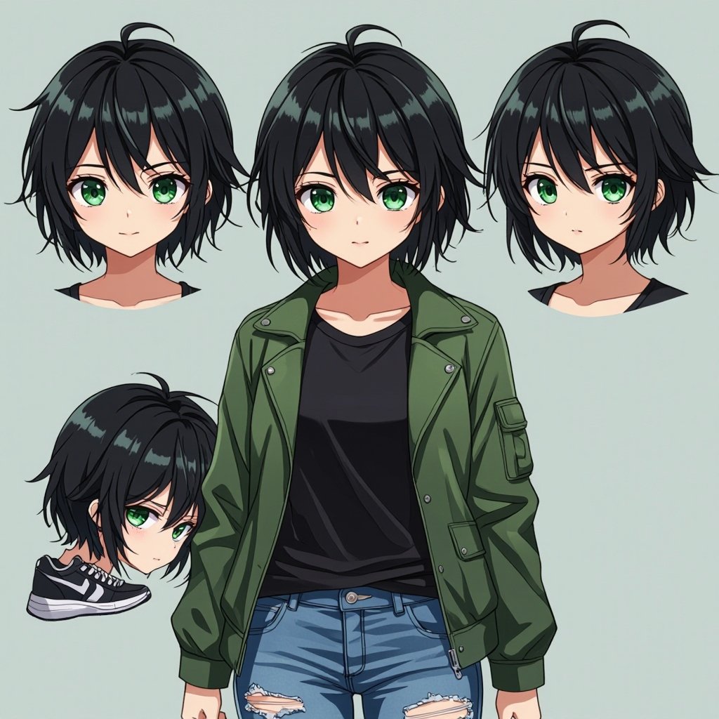Short black hair. Jade green eyes. Black t-shirt. Green jacket. Torn jeans. Sport shoes. 13 years old girl.
