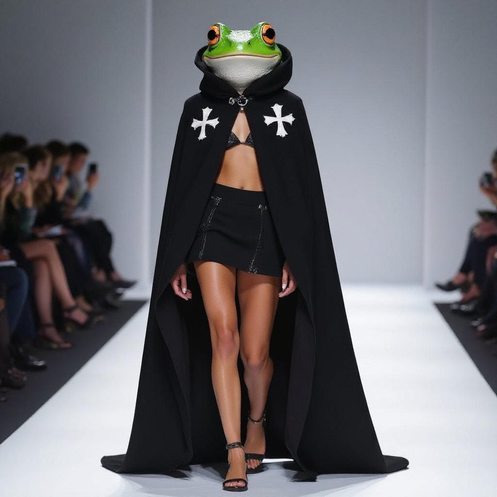 Frog head on a woman’s body. Shes wearing a black cloak, a white cross is stitched onto each shoulder