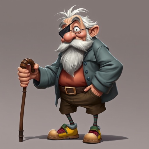 Create a grouchy funny old character who has 1 eye patched. Make him fat with a cane. Show his whole character head to toe including shoes 
