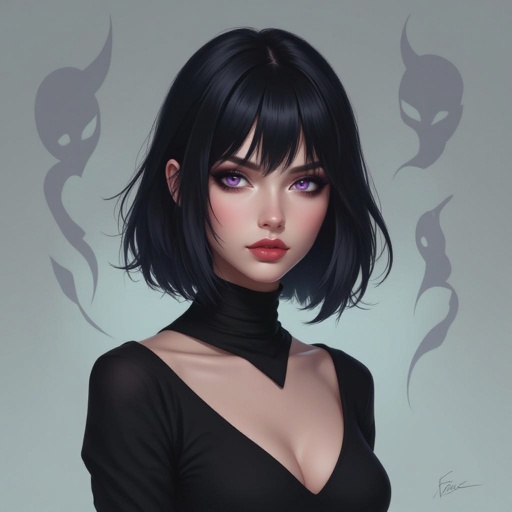 Show her entire body. Create mysterious woman jet-black hair is cut sharp to her jawline, and her violet eyes seem to pierce through darkness. A shadowy aura clings to her form, faint shapes shifting and flickering behind her like whispers of another realm. Show whole body head to toe
