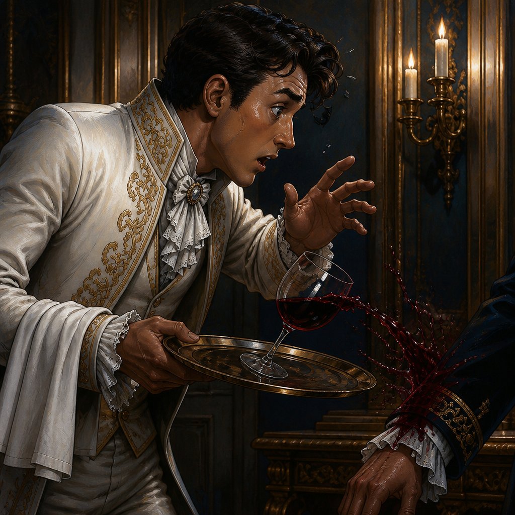a painting of a man holding a tray of wine