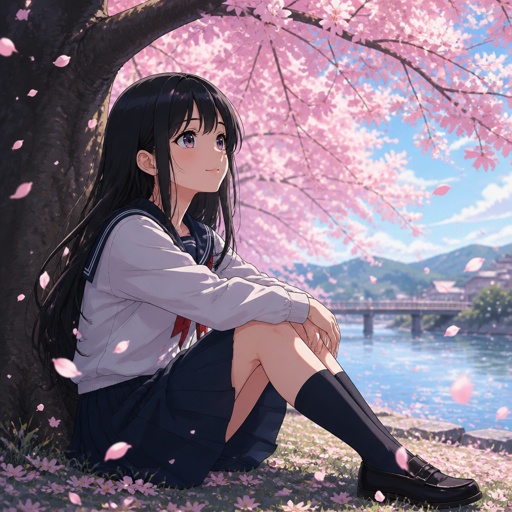 Girl with black hair sitting under a Cheryl-blossom Tree 