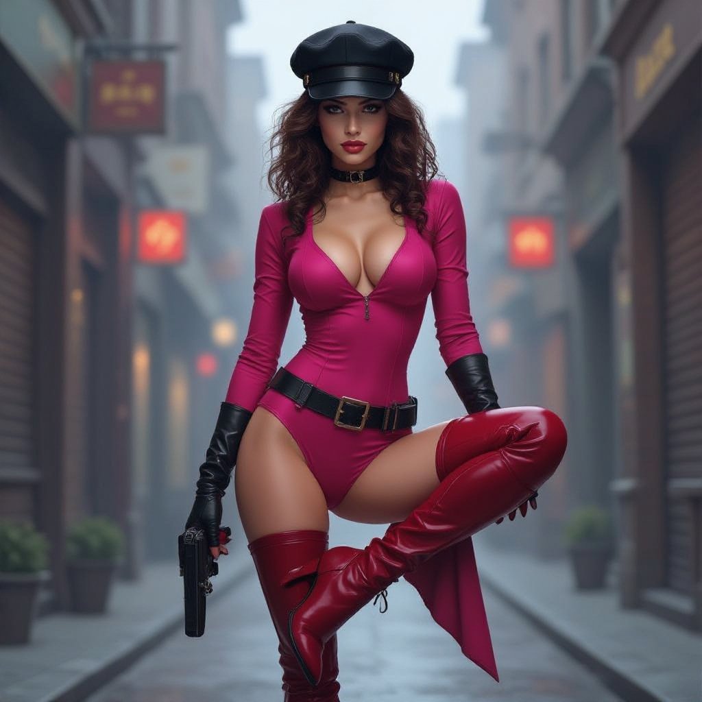 Dark Brown Frizzy Haired Spy Thief in a Tight Hot Pink Bodysuit Dark Red Thigh High Pump Boots. Black Biker Gloves. Black and Red Newsboy Cap