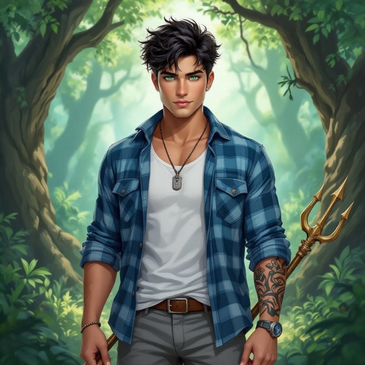 A 20 year old guy with short messy black hair, sea green eyes, a Mediterranean complexion, with a lean muscular build wearing a blue plaid shirt, white undershirt, grey shorts with blue converse shoes and a trident tattoo on his right forearm, wearing a dog tag necklace