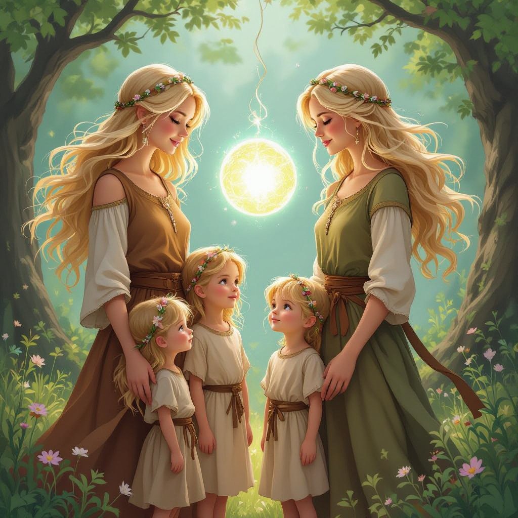 Twin women’s with blond hair and their two sets of twin children