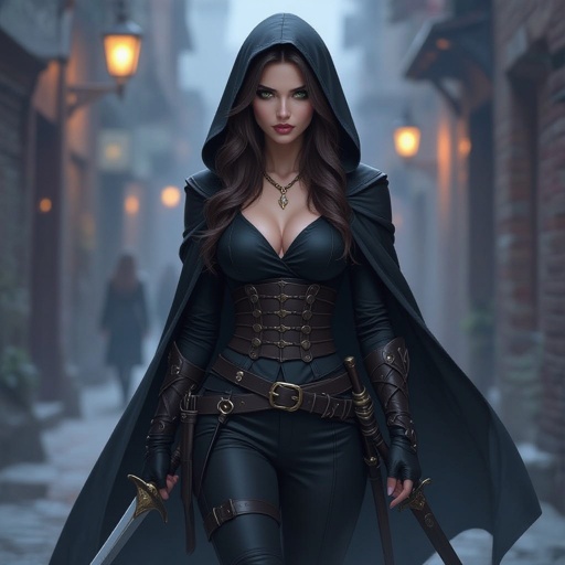 Human woman. Brown long hair and green big eyes. She wears a black cape. A tight black blouse and black pants. She has a belt on which he carries daggers and swords. She wears high, heavy boots. She carries a short sword. She has a long sword on his back. She wears a hood. It's night. A dark alley. The screen is from below. A woman approaches us. A cold expression appears on her face. An amber necklace gleams around her neck. She wearing black armor. The woman is pale. She has a delicate beauty. Her eyes are painted black. She looks menacing.