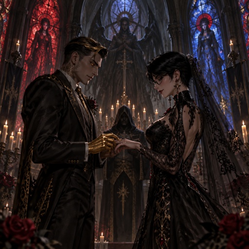Midas from Fortnite, Bayonetta from super smash bros with short hair, getting married
