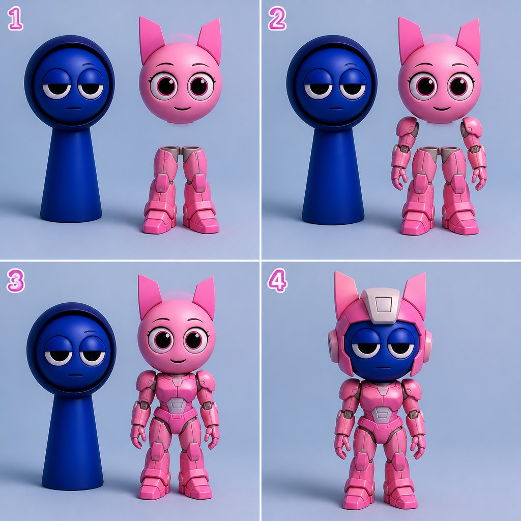 Pinki from Sprunki as Elita One merging her legs onto Jevin from Sprunki and then her arms and then her Body and lastly her head and helmet