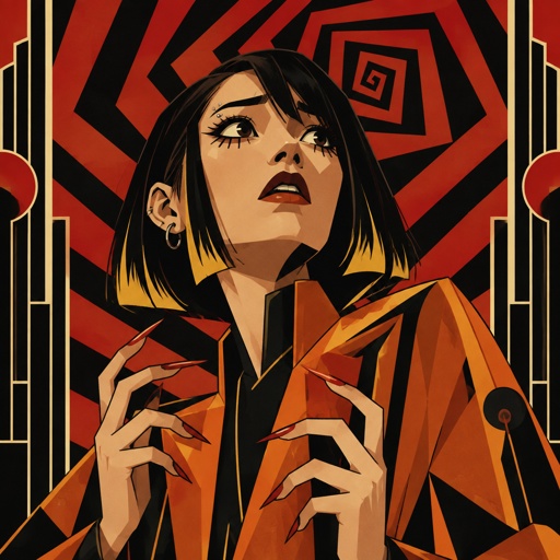 Asian female, with straight black neck length hair, yellow tips, side bangs on one side, eyebrow piercing, under eye mascara, ear piercing, cool clothes orange, looking up scared, red spiral background, hands with pointy fingers and red tips