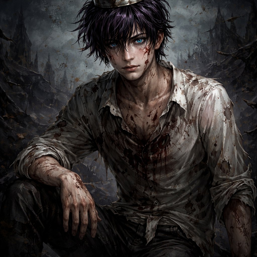 An 18 year old boy who has black hair with purple stripes and blue eyes. He is wearing a white shirt that is covered by dirt and black pants. He has a small silver crown on his head.