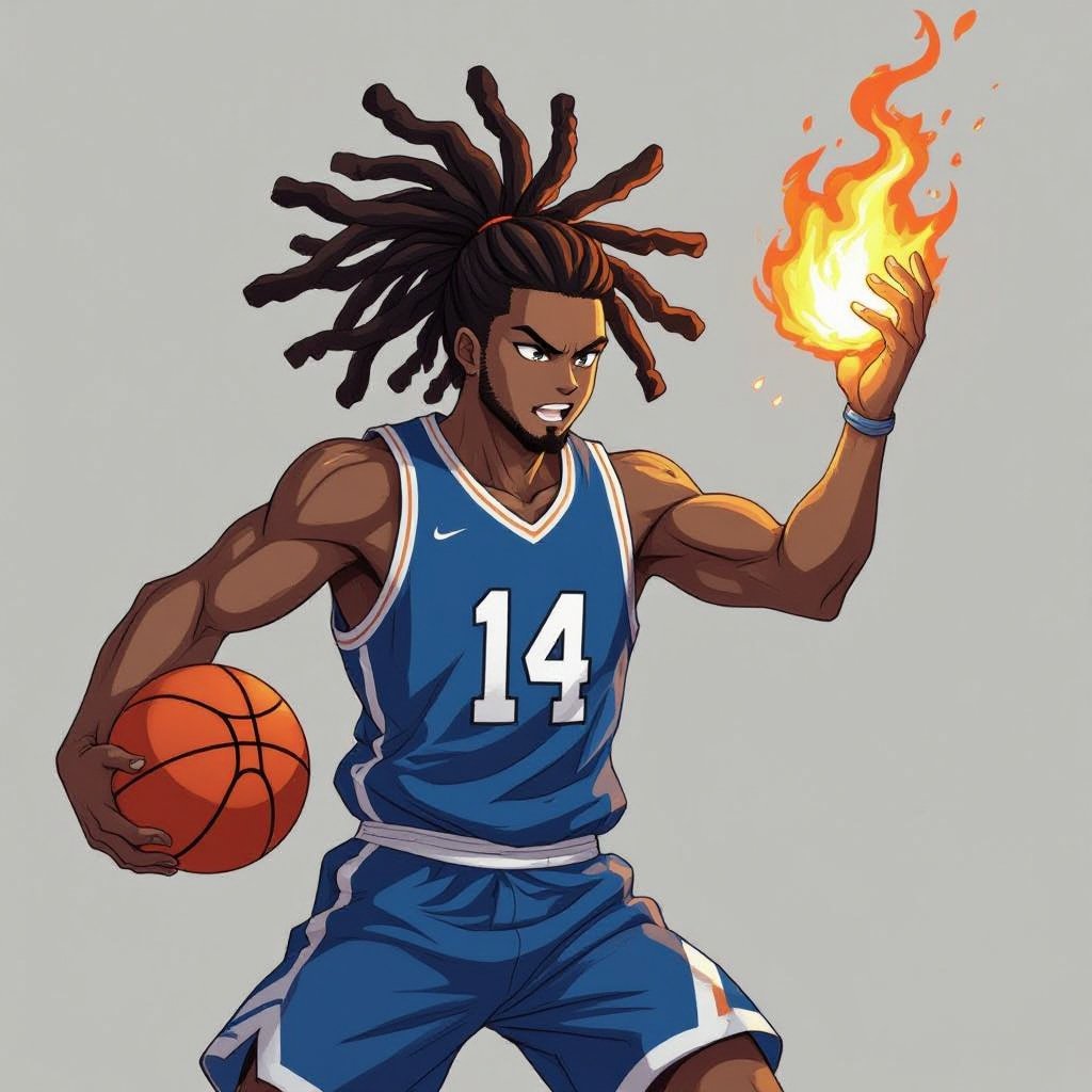 My character is a muscular guy with 12 big dreadlocks and Blue Basketball jersey with the number 14 and he is jumping high in the air with fire in his hands to dunk it like a basketball