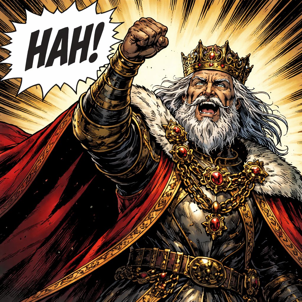 A very old mediaeval count raises his right fist in the air. He is very elaborately dressed, and he is speaking realistic.