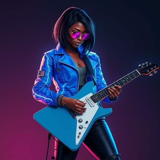 African American female cyberpunk with shoulder length hair in a layered side part style wearing a glowing blue jacket rose gold and purple shades and black jeans with black boots playing a Flying V electric guitar