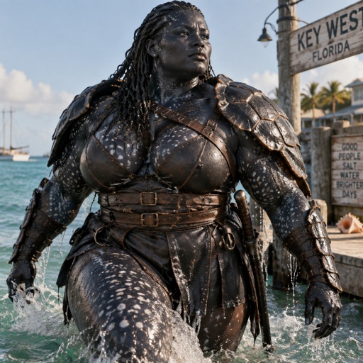 A semi big gorgeous lady warrior named Leatherback, skin the color of a leatherback turtle, all leather outfit, with turtle shell armor on her upper body. Shell armor on the back of her arms, turtle armor like a samurai, coming out the water in Key West.