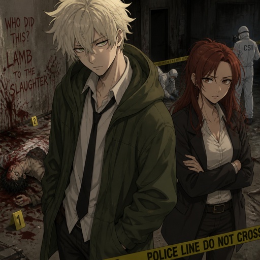 Anime style Male great detective takes his job real seriously really good at it mid 20s medium really crazy light blonde hair, tall thin, tied, clean shaven, strange green eyes wearing baggy loose mossy green jacket tired face, partner, long red hair brown eyes looking annoyed and concerned for him, trying take case seriously,very gruesome seen, person unknown, detective will do whatever he can, parent and him get into arguments usually partner will say "you really need some rest you can barely stand and your speaking trails off, how do you expect to finish this case with the little sleep and food you get" detective reply" all I need is some coffee, I can survive I don't plan on resting till I get to the bottom of this, worrying never helps"as he yawns, partners says back "ugh! your really stubborn, looks like I'm going to have to catch you again when you pass out" as a comic
