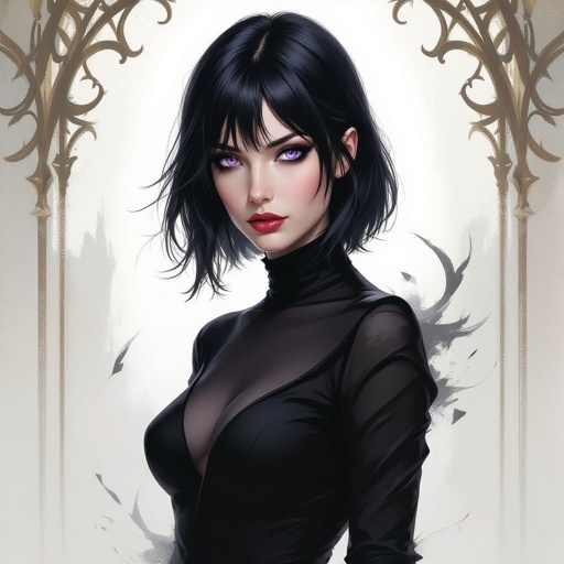 Show her entire body. Create mysterious woman jet-black hair is cut sharp to her jawline, and her violet eyes seem to pierce through darkness. A shadowy aura clings to her form, faint shapes shifting and flickering behind her like whispers of another realm. Show whole body head to toe