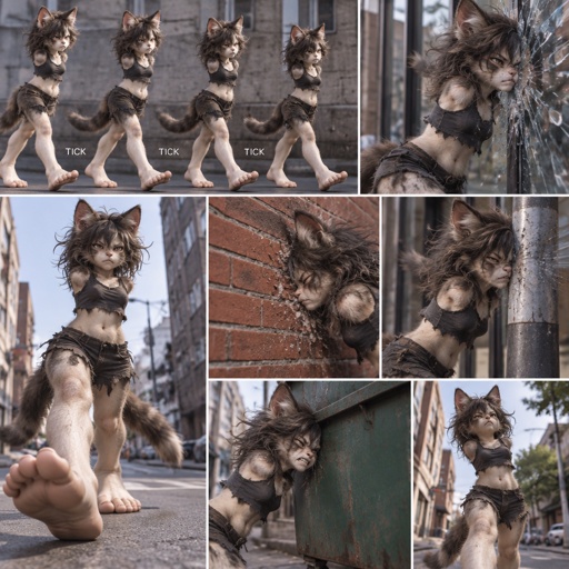 She’s a feral, sassy armless catgirl who has massive ass feet and walks like a human metronome for she doesn’t have arms for balance. Rams straight into anything if need be.