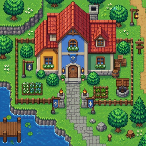 house unique different colors, for a modern fantasy game, exterior, top down style, shading and highlights