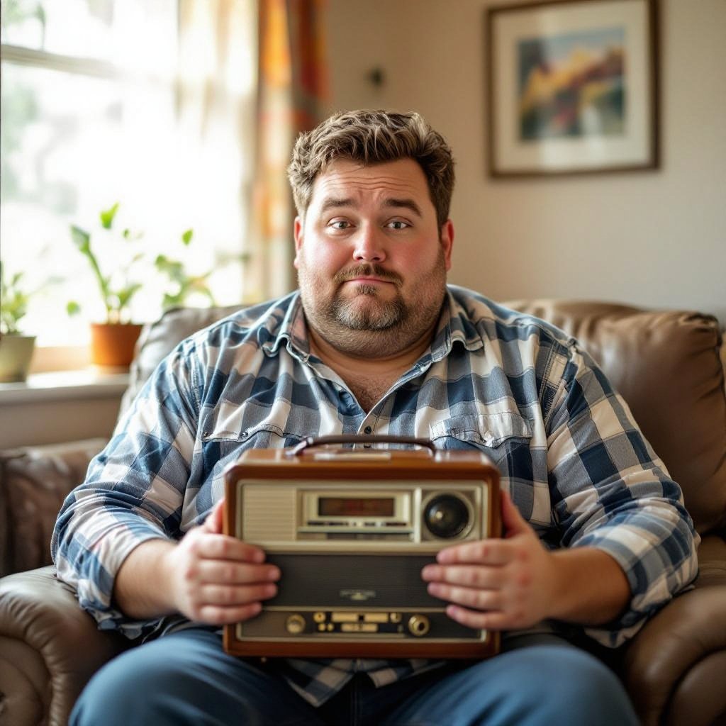 Create a funny fat guy who has a book box radio , make it kinda cartoonish 