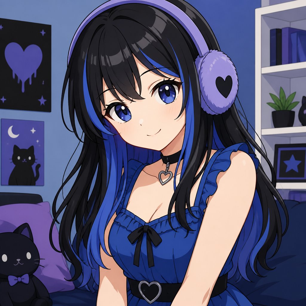 Mädchen mit lila Puschel Kopfhörer und schwarzes harr mit blauen strenen und blauemkleid