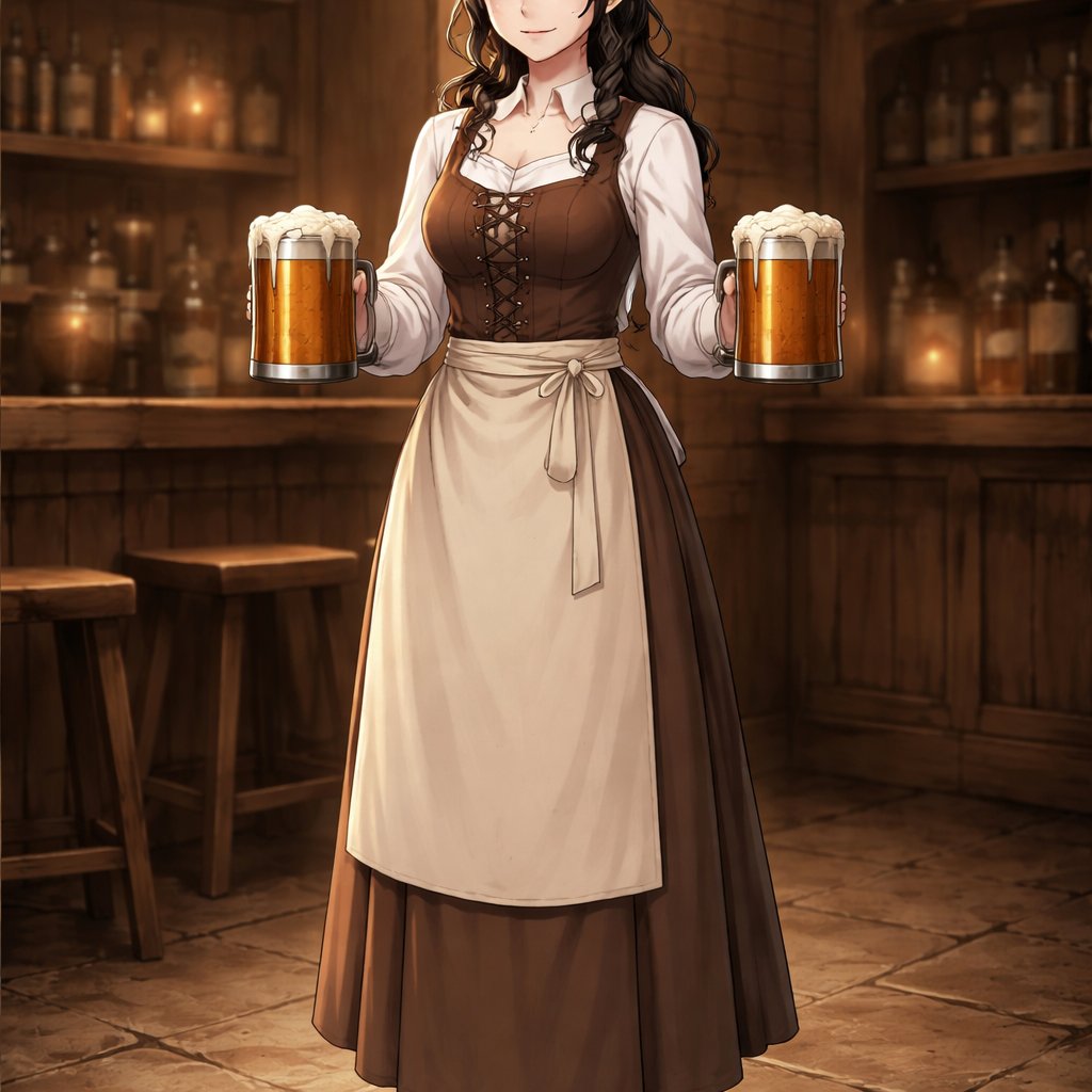 Human female tavern server, adult (early 30s), dark hair, silver eyes, professional and composed, wearing modest practical tavern attire, long sleeves, apron, full body portrait, standing naturally, neutral posture, warm expression, holding two mugs, non-sexualized, realistic proportions, grounded fantasy style