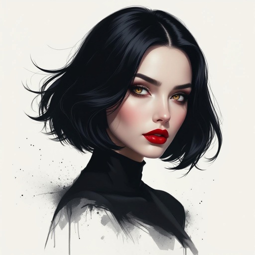 Create mysterious woman jet-black hair is cut sharpand her eyes seem to pierce through darkness. A shadowy aura clings to her form,