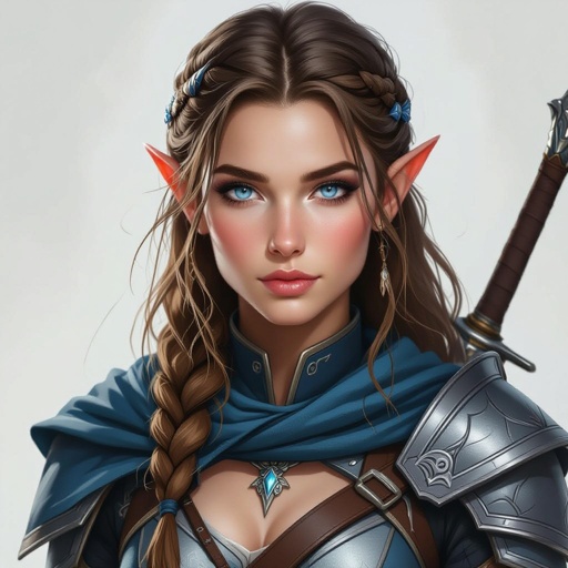 Light blue eyed elf female warrior light brown hair blue and silver attire 