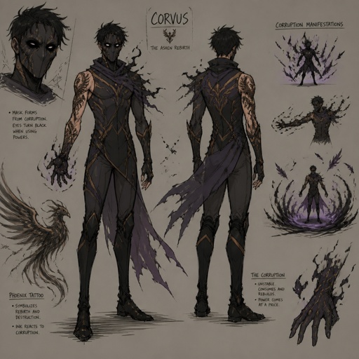 Male superhero with corruption powers, cool costume, thin, mask, black eyes, phoenix tattoo on arm, unstable