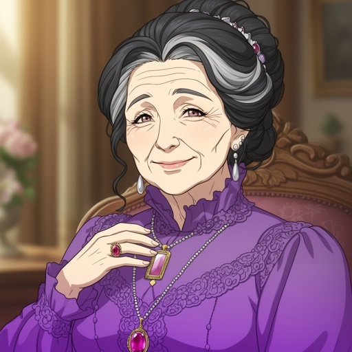 Old woman,  fancy purple dress, black hair with streaks of gray in it, hair is pinned up,  ruby ring, slight smile, locket