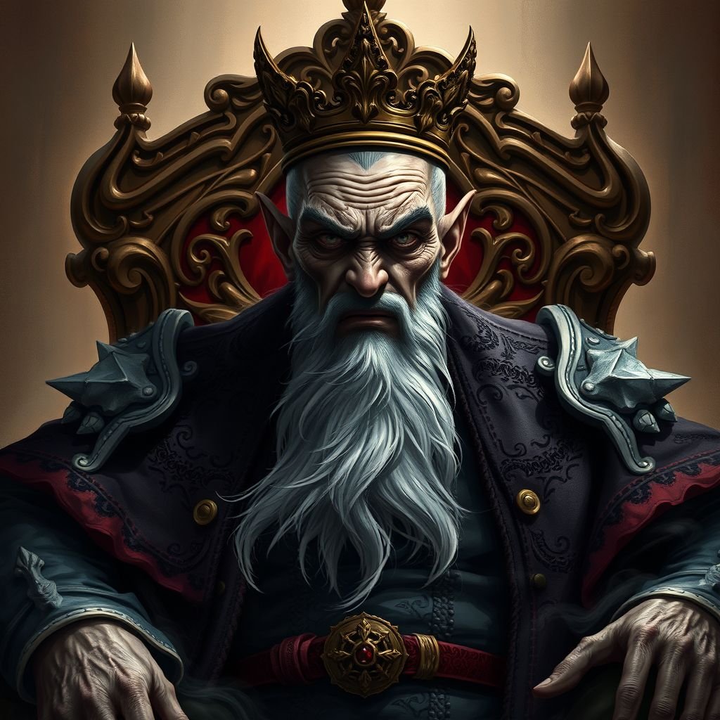 A man that a evil king in his 50s with dark powers sitting on his throne