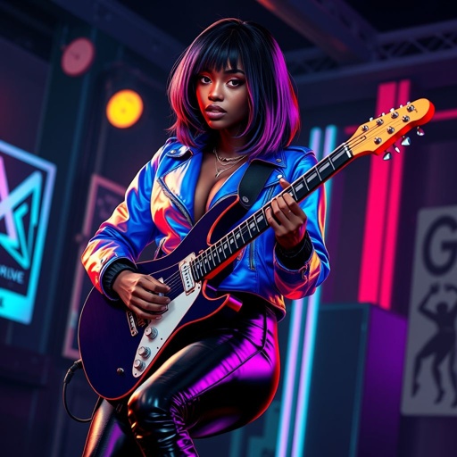 African American female cyberpunk with shoulder length hair in a layered side part style wearing a glowing blue jacket rose gold and purple shades and black jeans with black boots playing a Flying V electric guitar in a club