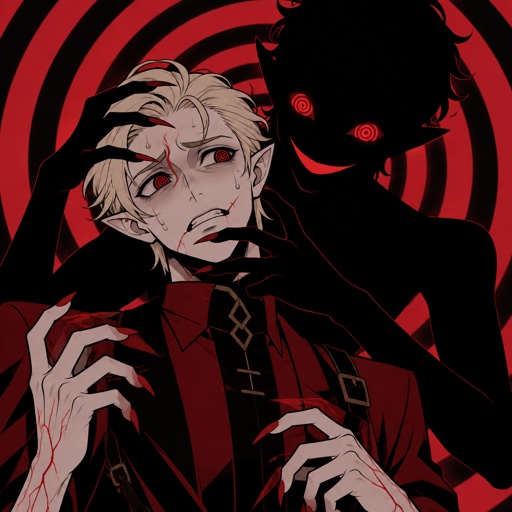 Male, blonde greased brushed back hair, neck length hair, curl on forehead, red streak in hair, slim, scar on lip, red and black spiral eyes no whites, superhero with chaos powers, cool outfit red no cape, pointy ears, pointy fingers with red tips, red veins, nervous, sweating, another version of him that’s completely black except the eyes and mouth smiling trying to manipulate him, spiral background