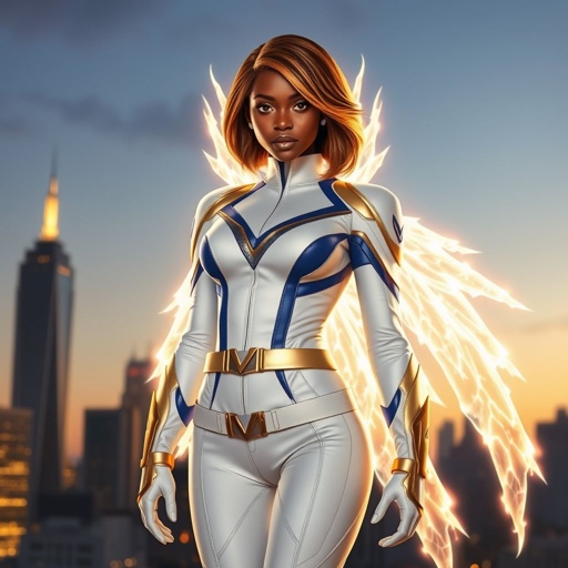 A teenage African American female superhero with brown hair with gold highlights in a shoulder length side part hairstyle with pure Gold Glowing eyes wearing a white suit with gold and royal blue  with white pants and gold and white knee length boots with a utility belt with a gold V  as her chest emblem with glowing  wings made of white fire in Philadelphia 