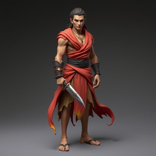 Create handsome hero  Rhen the Fire – A lean, muscular man. He wears layered, flowing desert robes dyed in warm reds and golds, with scorch marks where flames have licked them. A curved blade hangs at his hip.  Show whole body head to toe including her shoes.