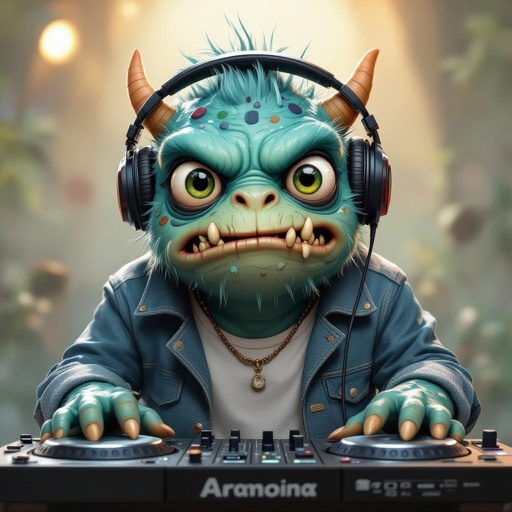 Create a funny looking monster dressed like a dj kinda with square face