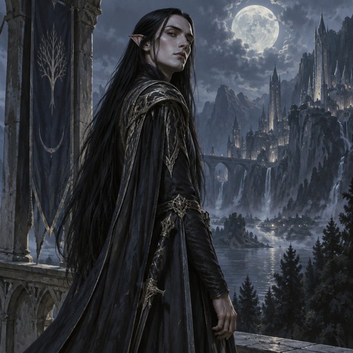 tall, pale moon elf with waist deep black straight hair