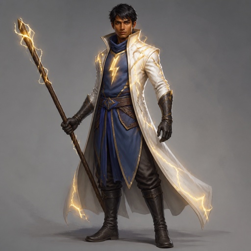 Young brown skinned man with brown eyes and short straight black hair with white leather trench coat and blue with lightning bolt along it quarter staff style cross black boots and gloves 