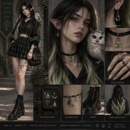Female, 16, 5’9 tall, stitch braids that go to ankles, black hair with bleached tips and poison green creeping up the bleached tips, emerald green eyes, slightly pointed ears, pale skin, green crystal drop down earrings that connect to a higher part on ear, black choker with a small green crystal potion charm, black cropped hoodie with green accents, a black and green plaid skirt that stops 2 inches from the knees, a beefed black green and blue beaded leg bracelet with potion charms every few beads, black combat boots, a leather satchel across the body with pins fantasy pins, a jade bangle on one hand, fidget rings placed randomly on fingers, white medium almond nails with poison green French tips, ankle length hair, an elf owl on her shoulder
